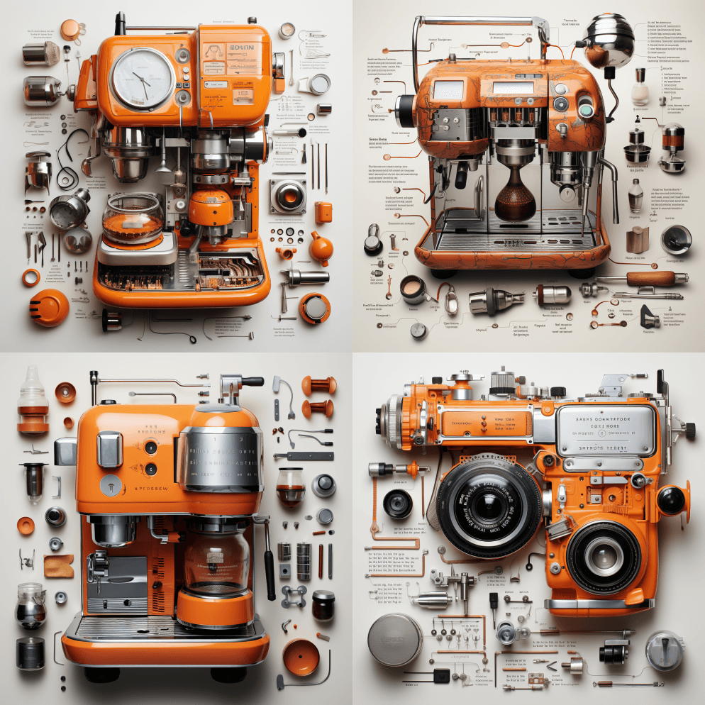 打滚，咖啡机的许多部件，用突出显示的文本 - Midjourney Prompt