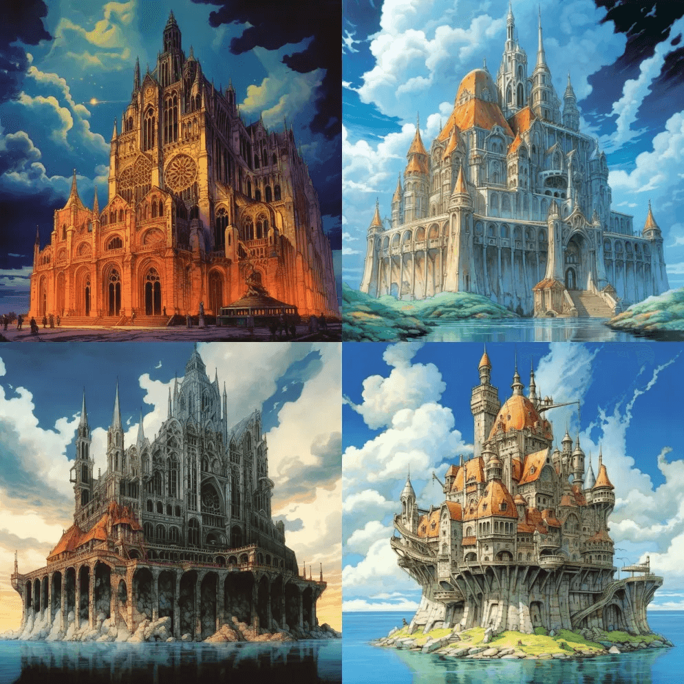 一座雄伟的哥特式宫殿从汹涌的大海中升起， - Midjourney Prompt