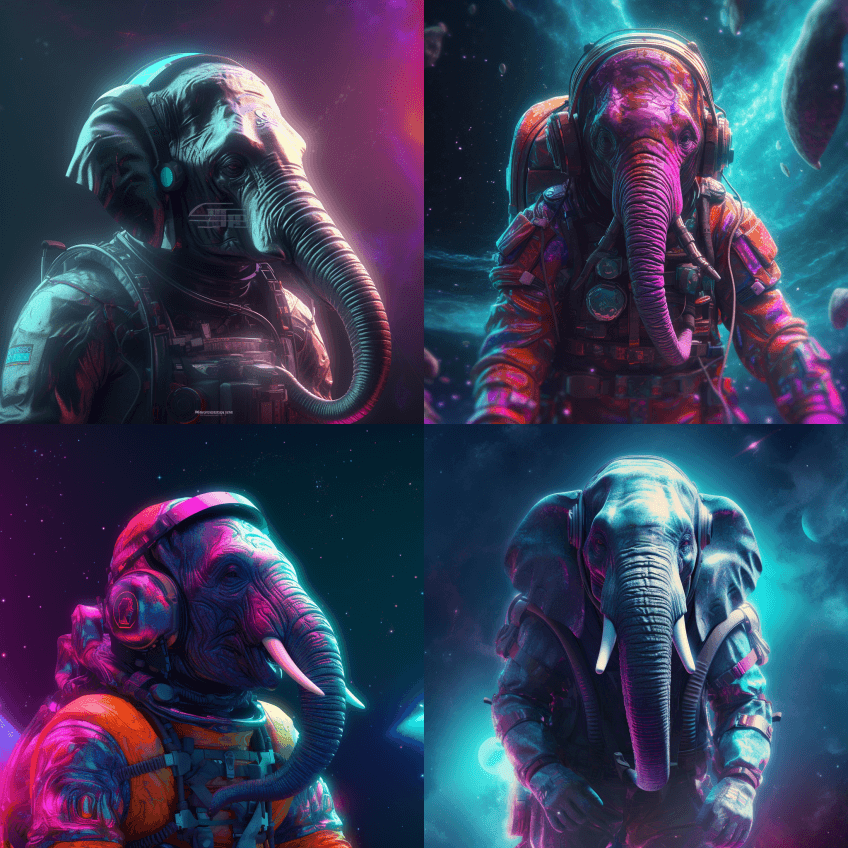 超现实人形大象太空宇航员，五颜六色的背景 - Midjourney Prompt