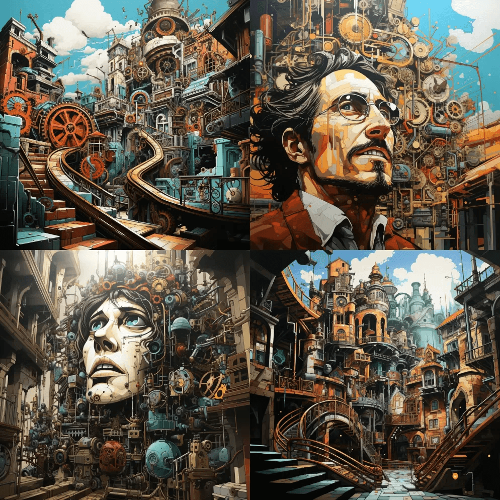 尖叫者的极度特写，周围是蒸汽朋克ERA机 - Midjourney Prompt