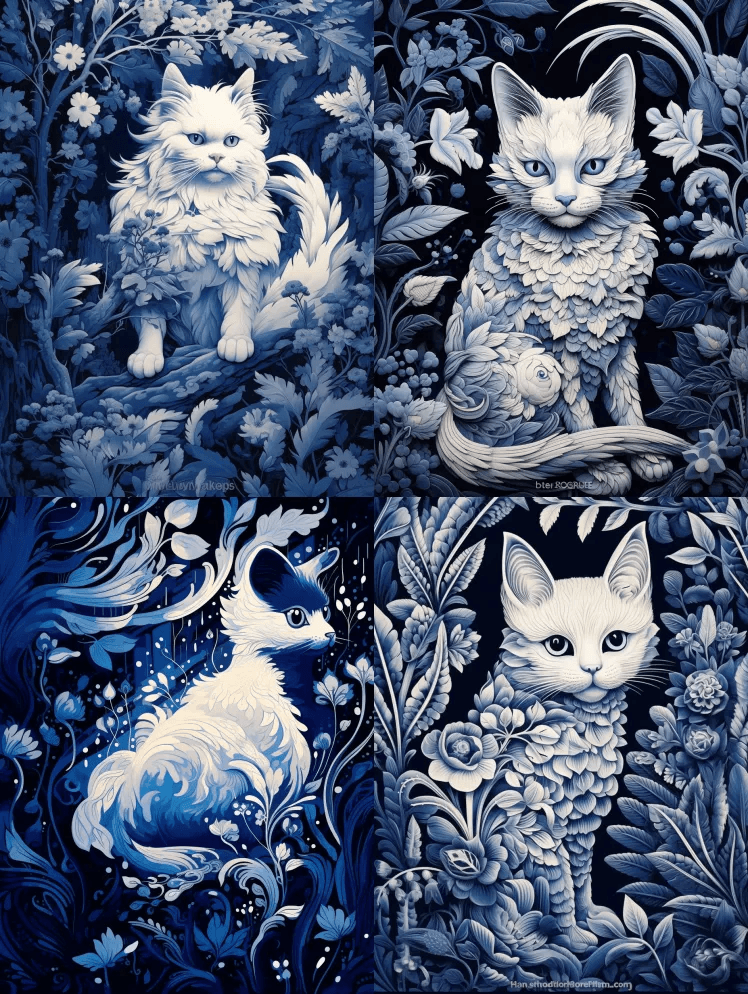 一只蓝色的森林生物探戈猫，风格为详细的植 - Midjourney Prompt