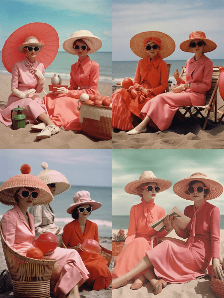 戴着粉色的S，墨镜和帽子的女人，带着阳伞 - Midjourney Prompt