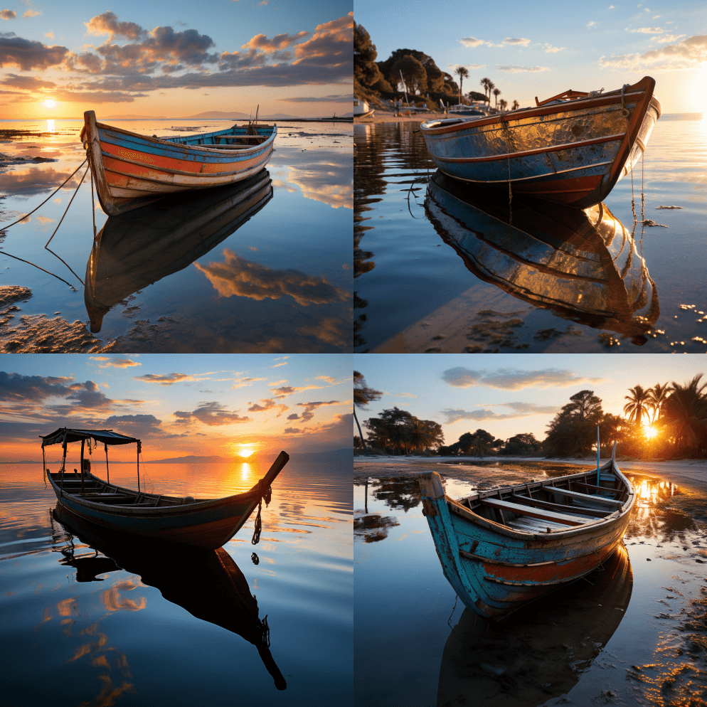 游艇滑翔，空灵反射，宁静，柔和，黄金时间 - Midjourney Prompt