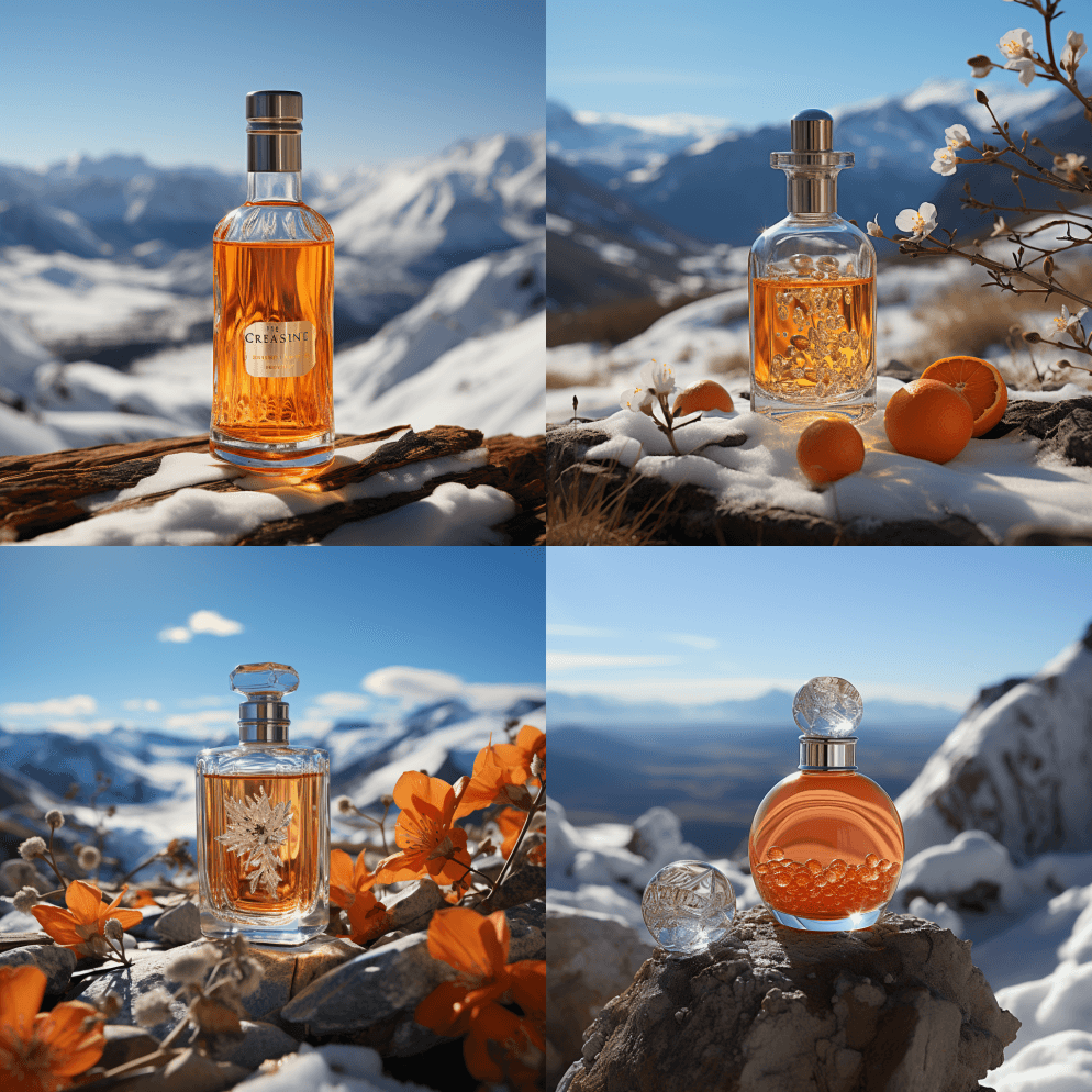 雪山里的一瓶橙色香水，用简约的瓶子设计， - Midjourney Prompt