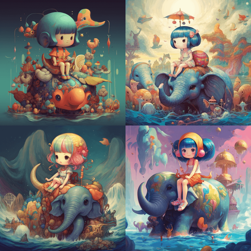 小天使坐在大象、大海、精灵和怪物上，五颜 - Midjourney Prompt