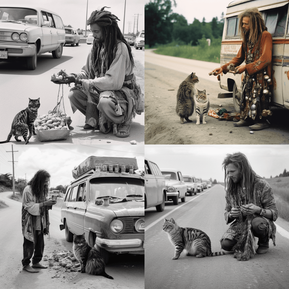 流浪汉搭便车猫，留着雷鬼头，在路边卖宝石 - Midjourney Prompt