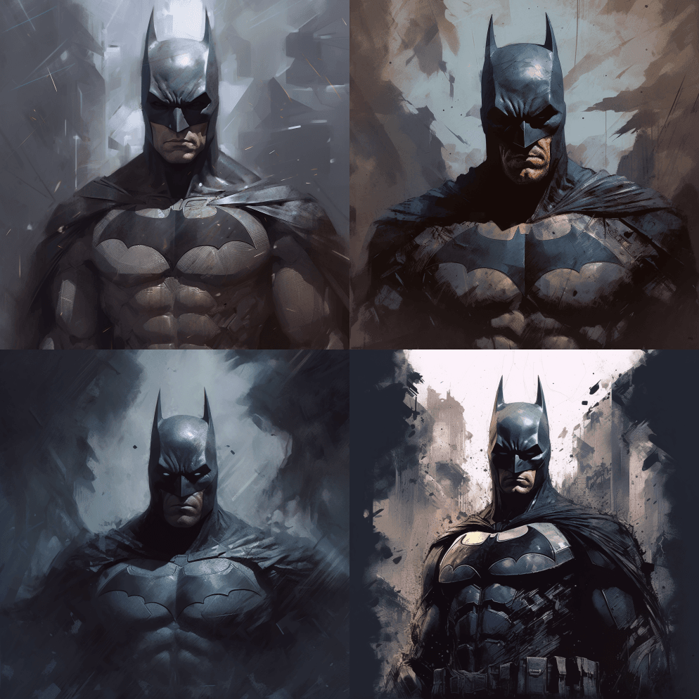 角色设计，双曝光镜头，蝙蝠侠正面装满蝙蝠 - Midjourney Prompt