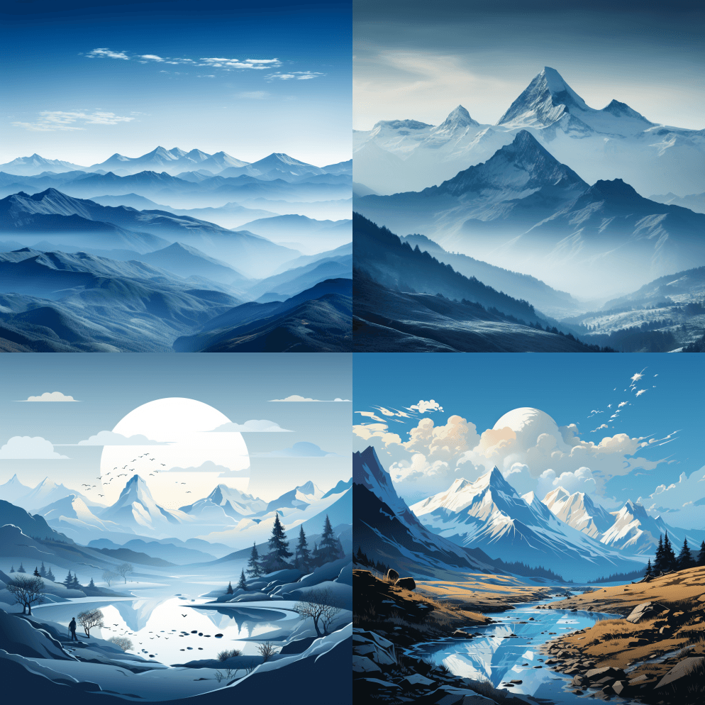 雄伟的山峰风格极简主义的山体剪影在风格高 - Midjourney Prompt