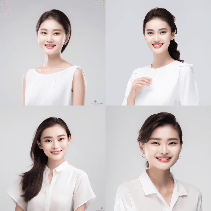 一个中国微笑的美女，极致的美丽，纯白的背 - Midjourney Prompt