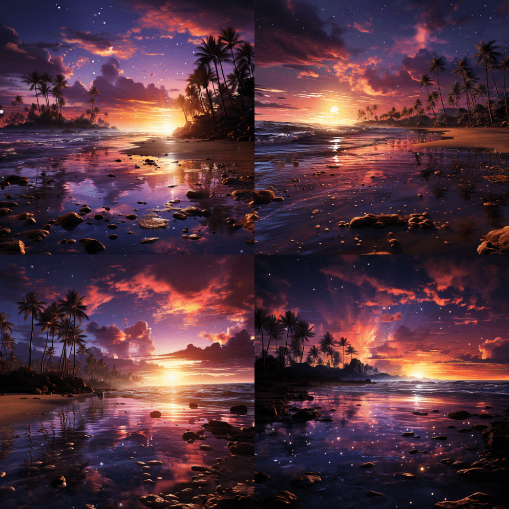 美丽的夏威夷海滩地平线上落下的紫色星云 - Midjourney Prompt