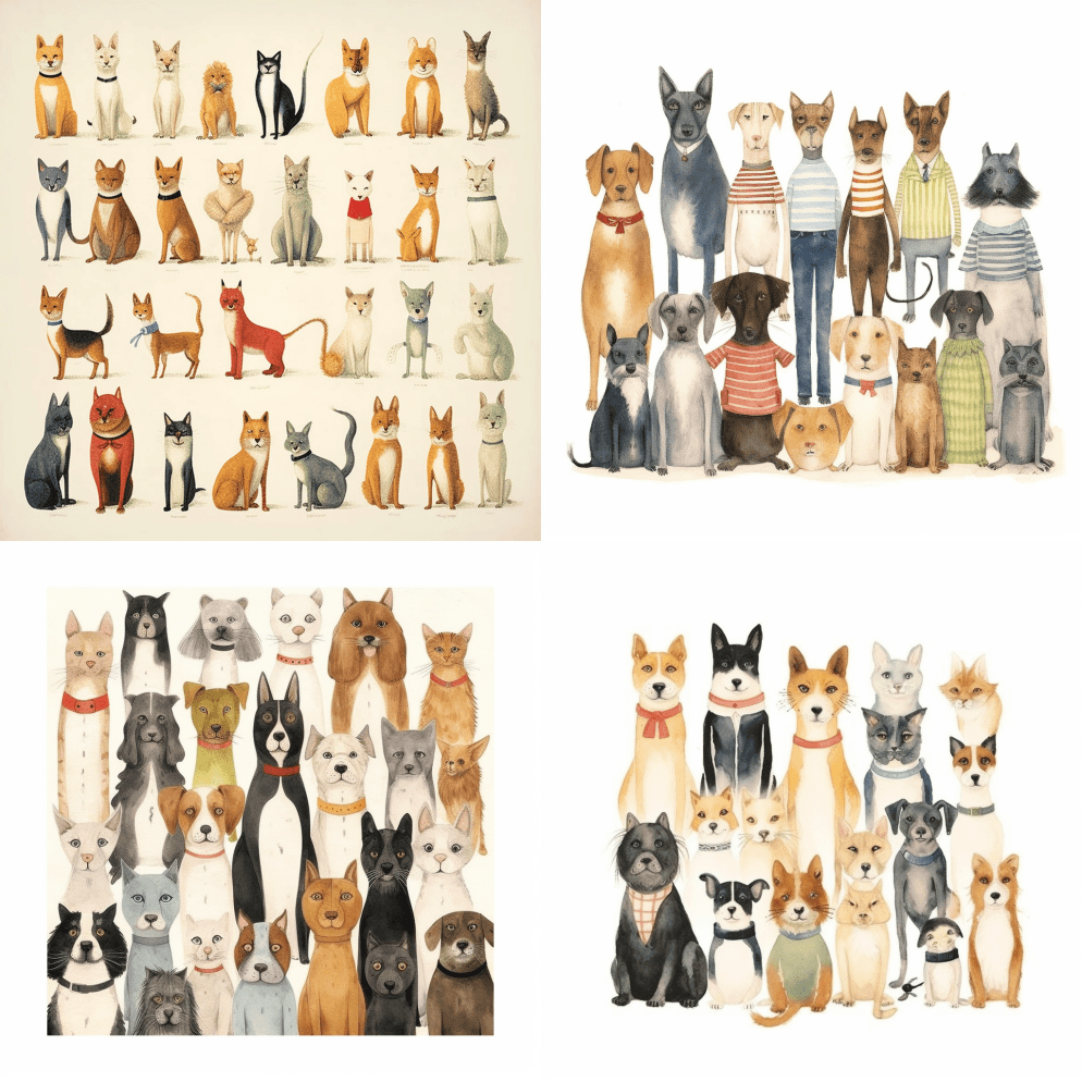 白色背景上的复古海报猫狗插图，风格有梅贝 - Midjourney Prompt