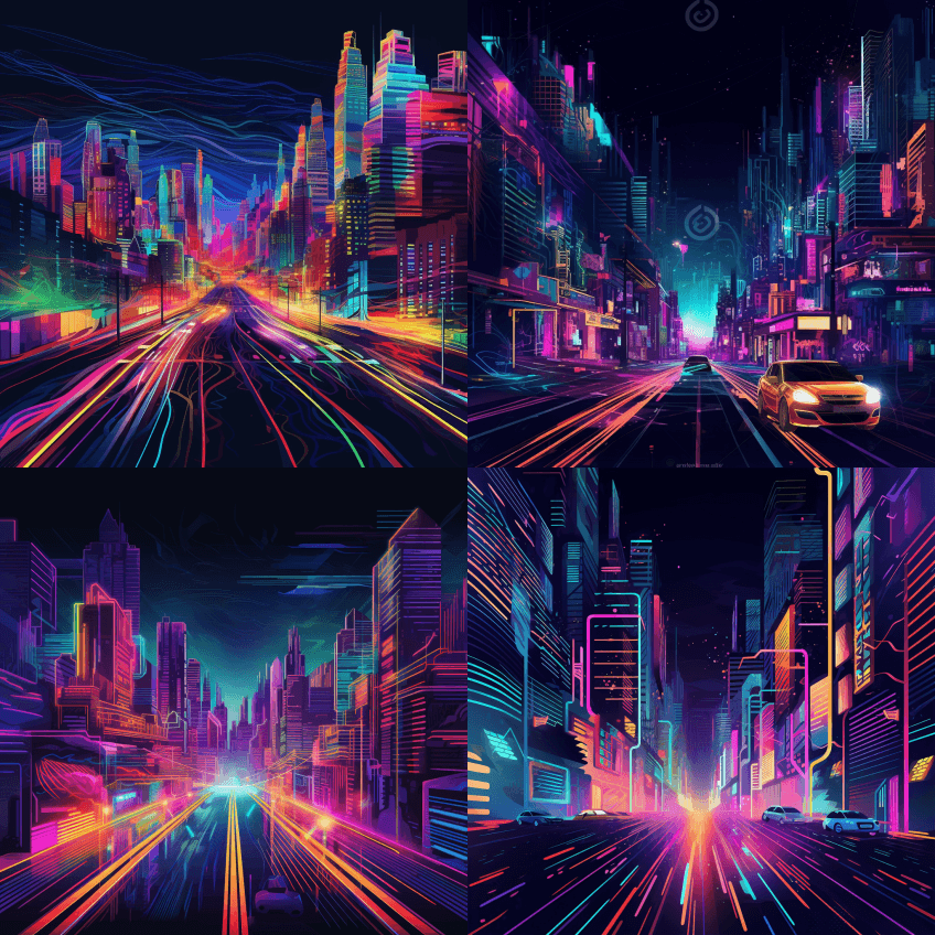 霓虹灯城市道路城市道路夜间照明城市灯光城 - Midjourney Prompt