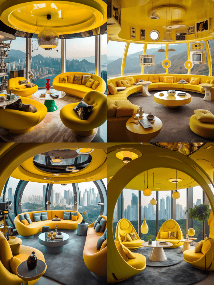 一个现代化的圆形生活区，配有黄色家具和黄 - Midjourney Prompt