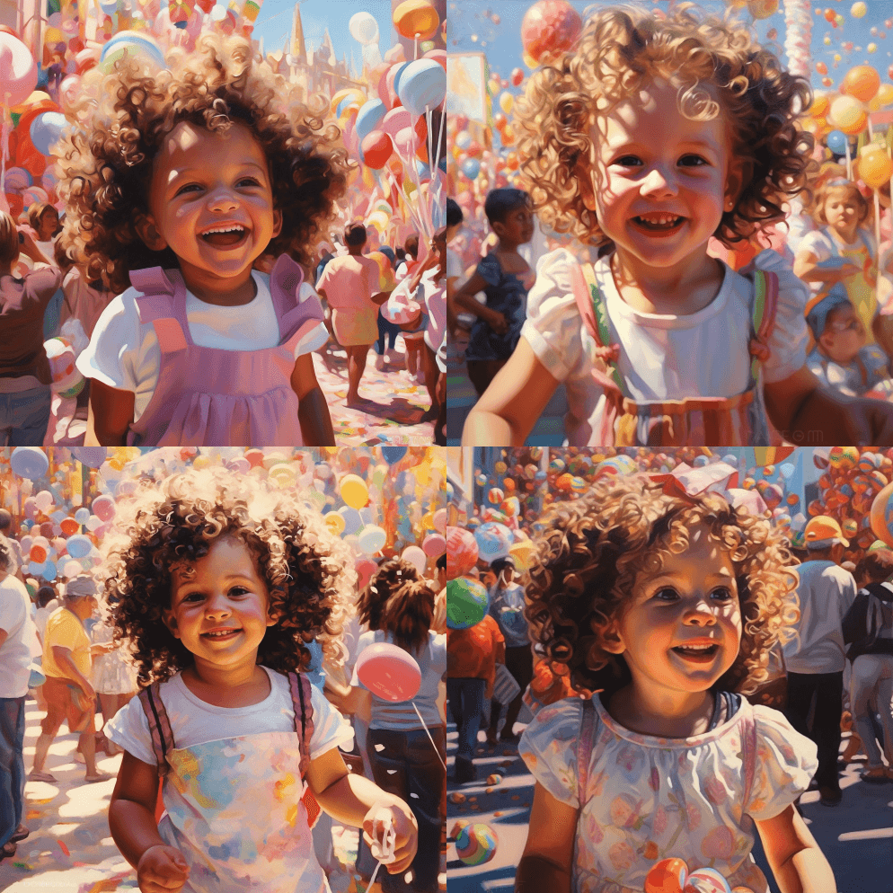 在一个五颜六色的集市上，一个快乐的一岁女 - Midjourney Prompt