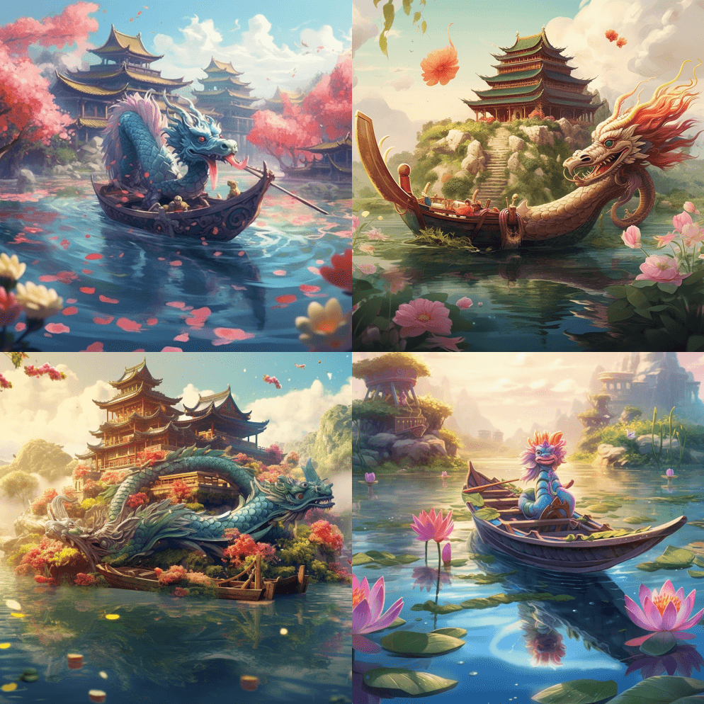 端午节蛟龙，一条无角鳞龙。小巧清新的漫画 - Midjourney Prompt