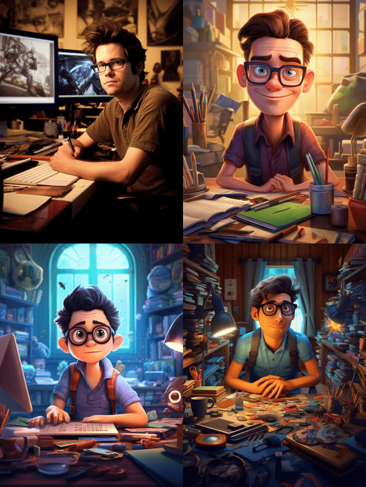 戴着眼镜的平面设计师,用铅笔和电脑创作设 - Midjourney Prompt