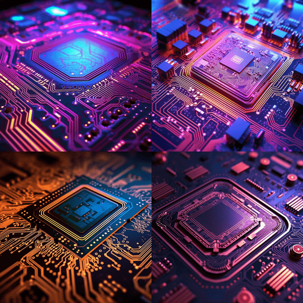 在霓虹灯照射下，电脑芯片的特写图像，其表 - Midjourney Prompt
