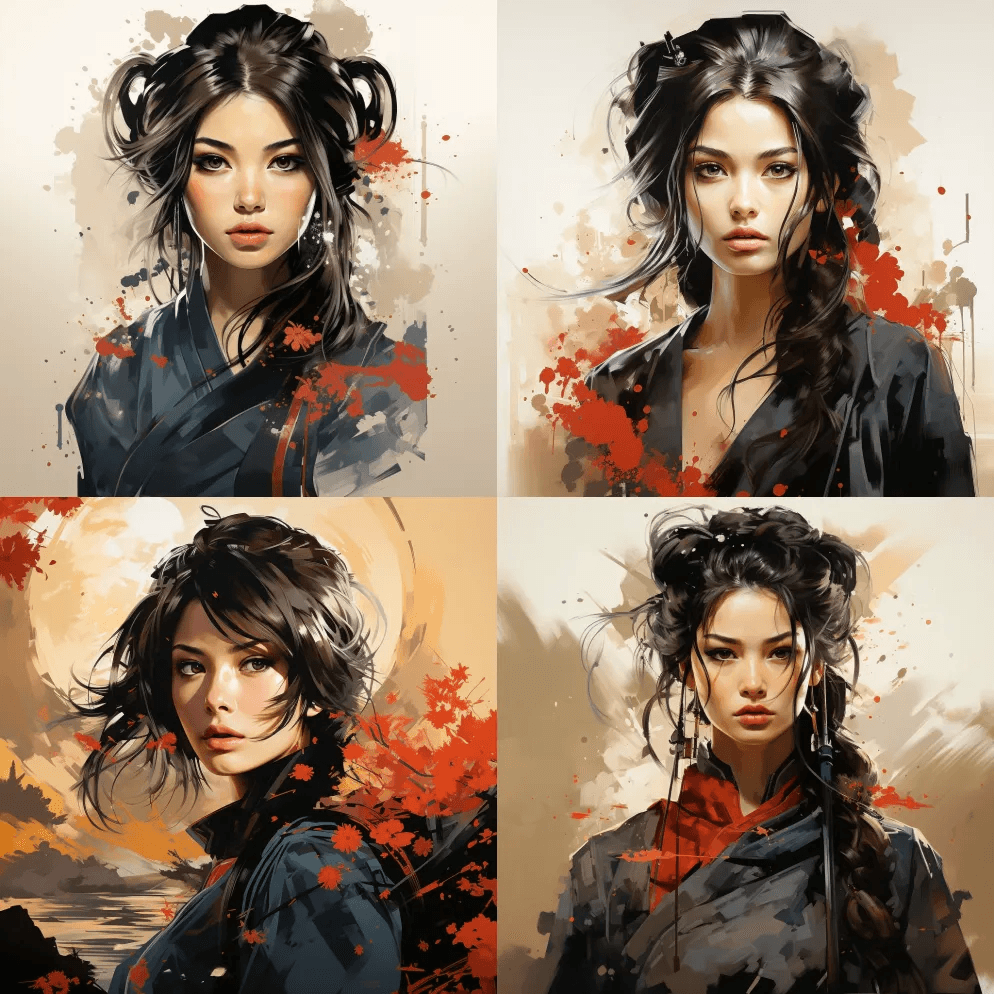 她是一名武士，有着迷人的眼睛和美丽的嘴唇 - Midjourney Prompt