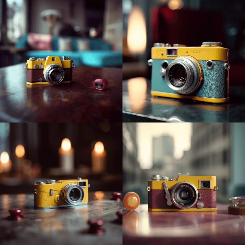 放置在混凝土桌子上的经典黄色相机，风格为 - Midjourney Prompt