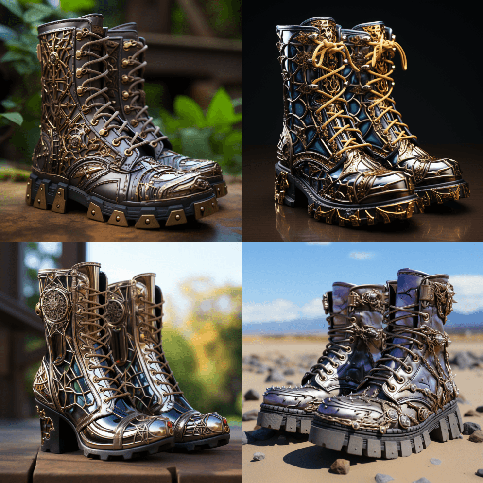 皮靴上有钉子和链子，款式为深银色和浅银色 - Midjourney Prompt