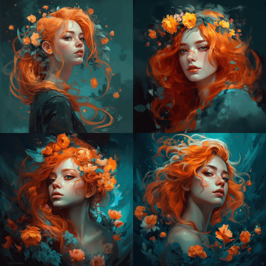 黑色背景的橙色头发令人难以置信，风格多彩 - Midjourney Prompt