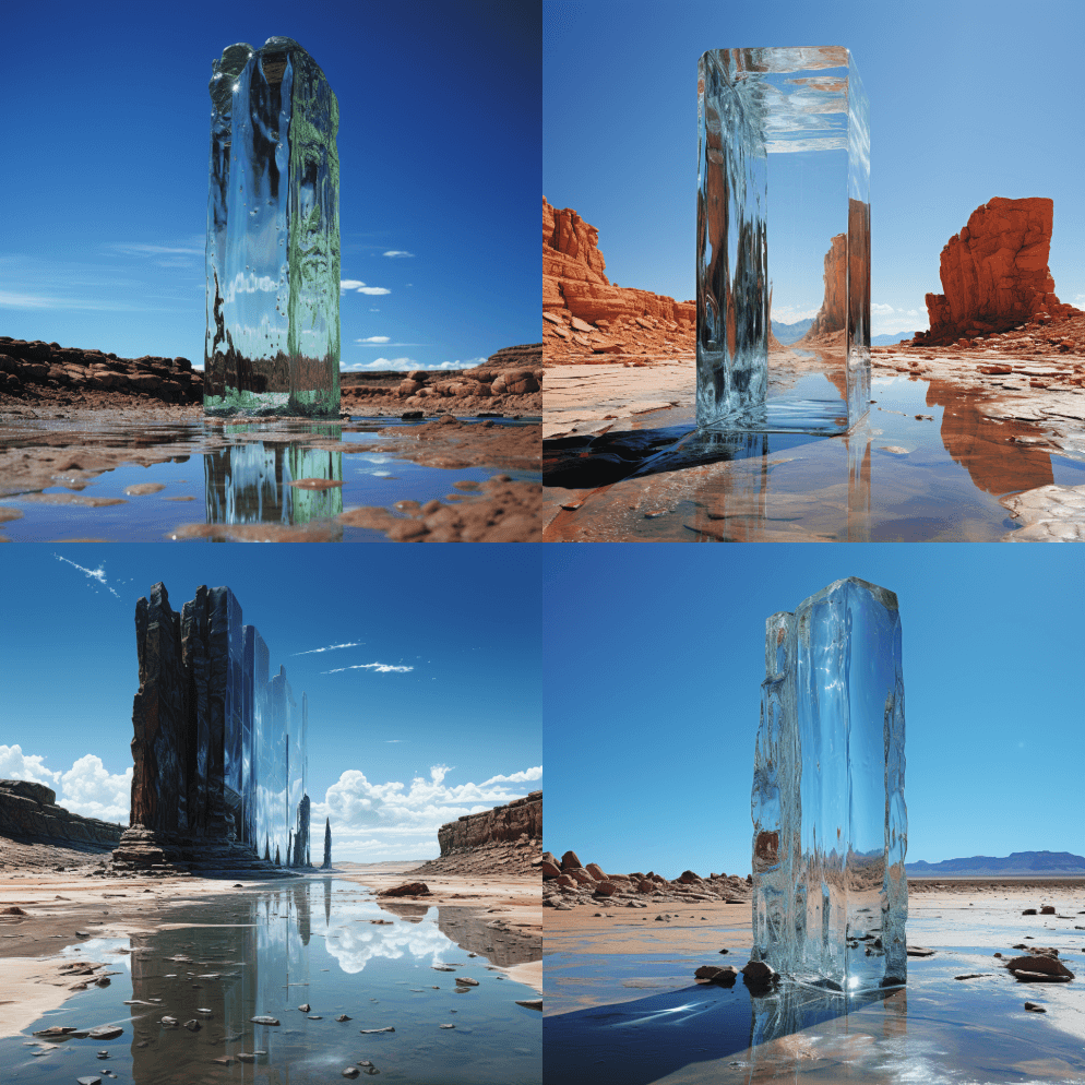 沙漠中央的一块写真的高大冰块，美丽的黑暗 - Midjourney Prompt