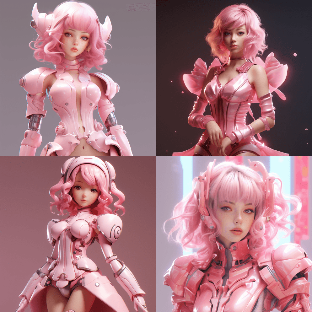 粉色的安卓角色身着动漫风格的连衣裙，在风 - Midjourney Prompt