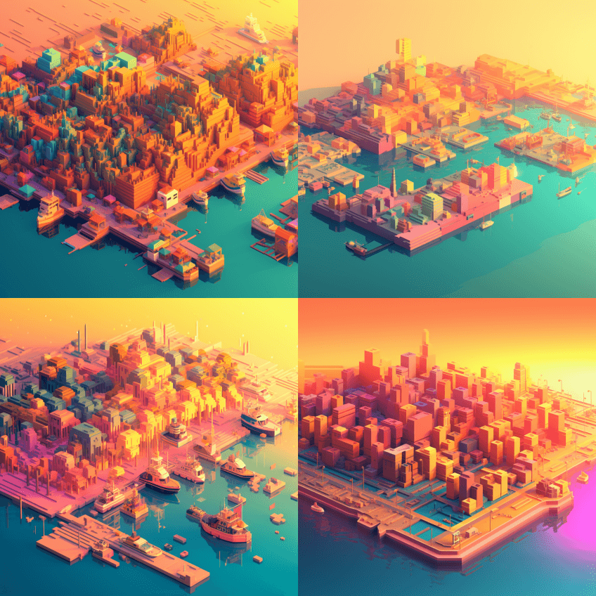 黄色、橙色、粉色、青色反转波8位等角体素 - Midjourney Prompt