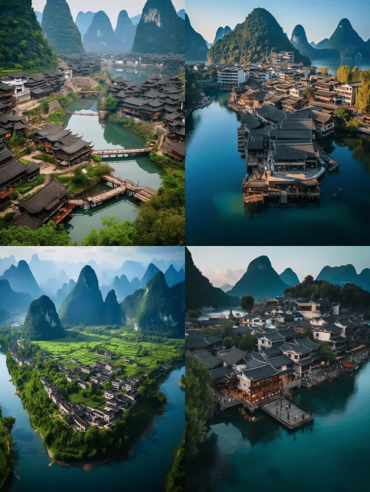 漓江上的兴平古镇位于桂林的山水之间，巍然 - Midjourney Prompt