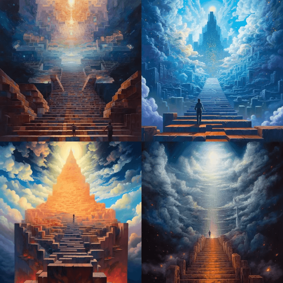 励志画通向天堂的楼梯，以棱镜形式，马赛克 - Midjourney Prompt
