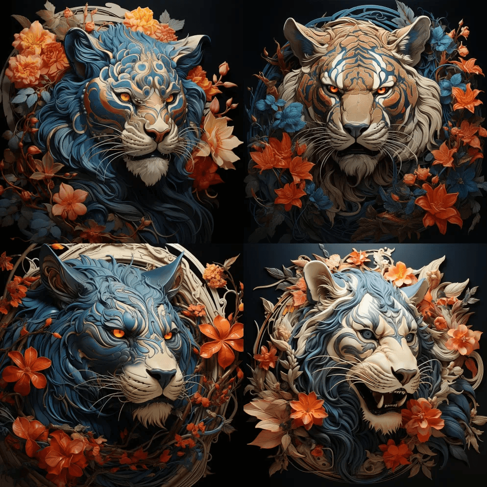 一根巨大的刺卡在一只超现实的蓝色老虎的爪 - Midjourney Prompt