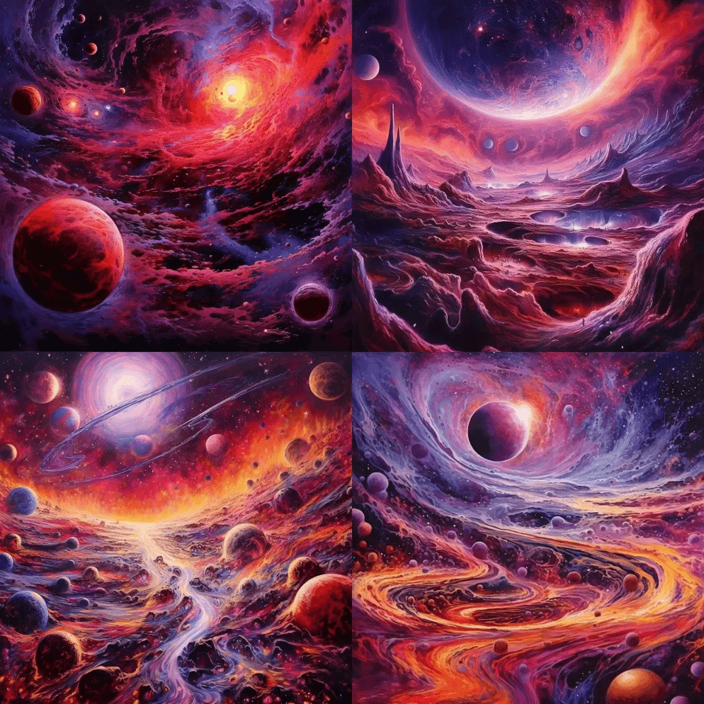 一个充满行星和恒星的星系，蒸汽波风格，红 - Midjourney Prompt