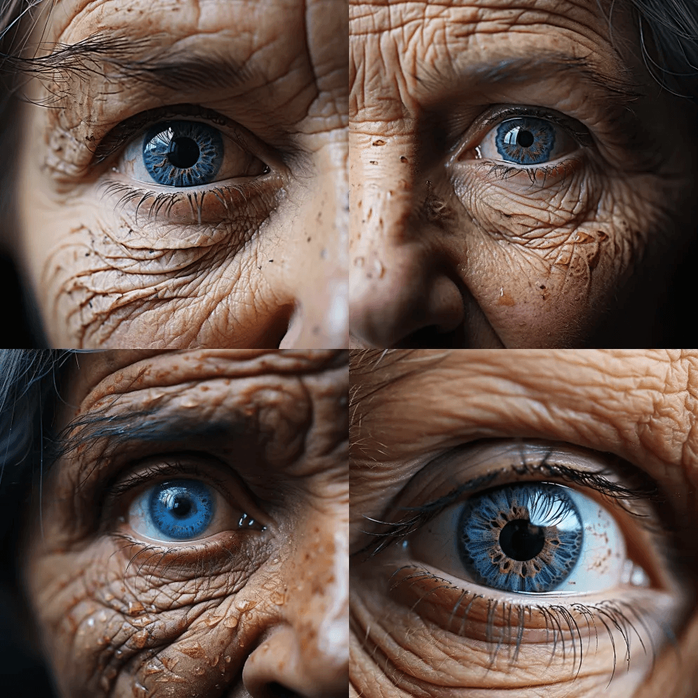 一张S老太太脸上的密集特写照片，聚焦在眼 - Midjourney Prompt