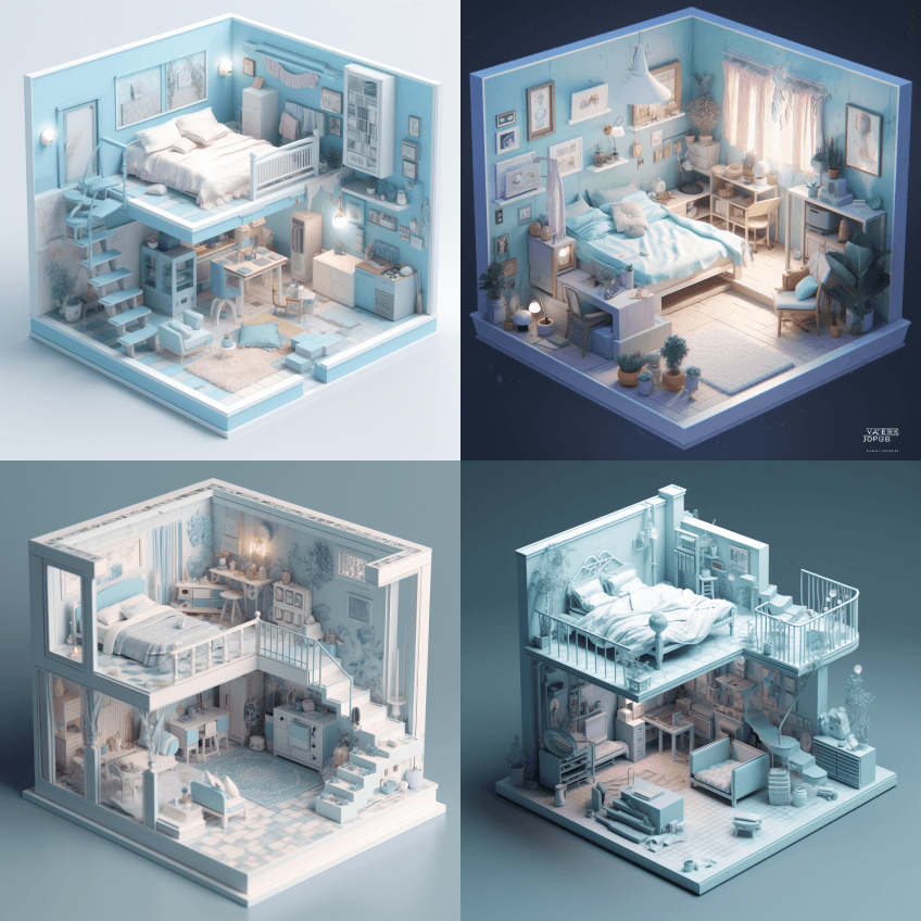白色和浅蓝色的玩偶小屋，卧室，动漫灵感风 - Midjourney Prompt