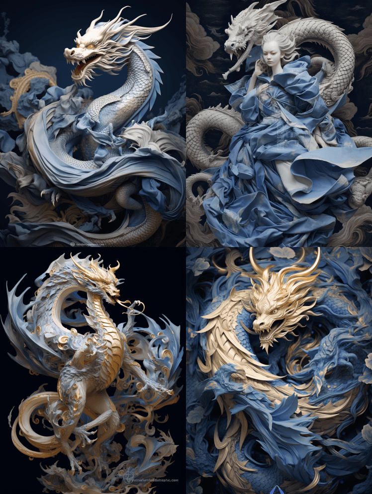 一条以巴洛克风格的具象作品风格的纸龙，蓝 - Midjourney Prompt