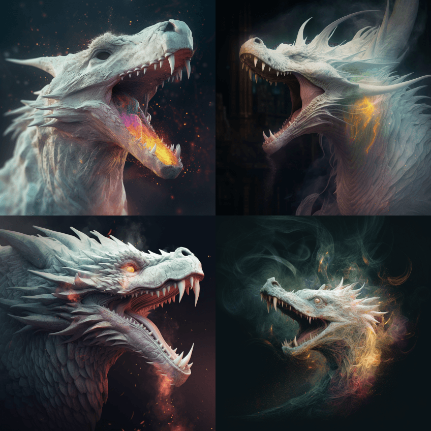 一条白龙的抽象形象，嘴巴张开，喉咙里燃烧 - Midjourney Prompt