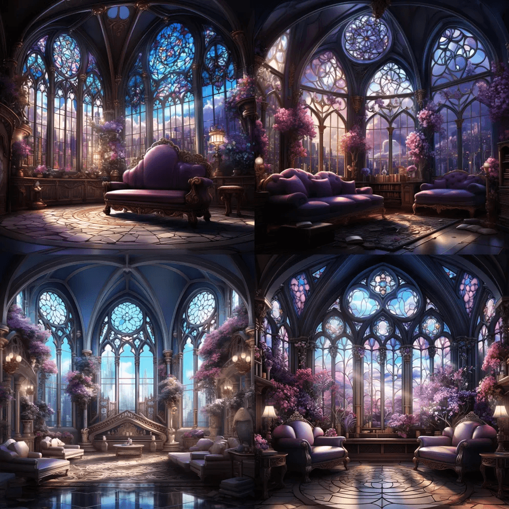 房间里有华丽的窗户，白色的椅子和枝形吊灯 - Midjourney Prompt