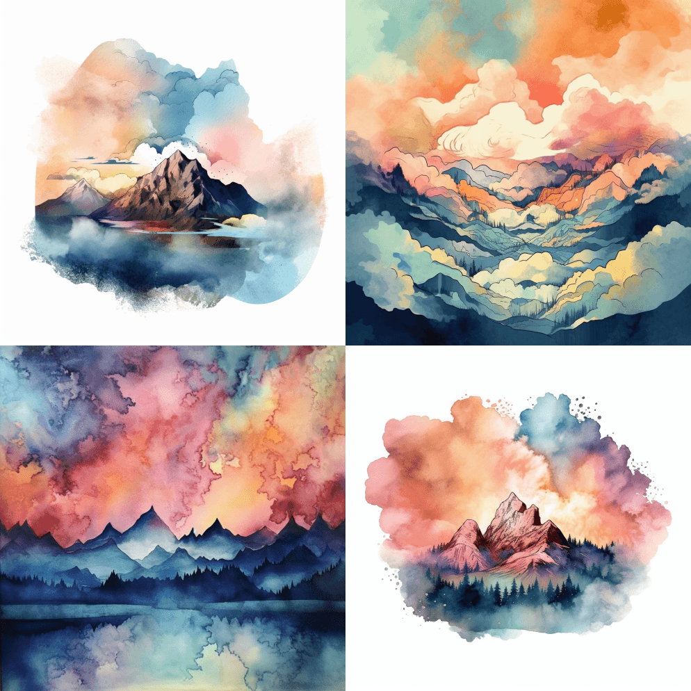 抽象的水彩天空，有趣的云，远处的山脉，柔 - Midjourney Prompt