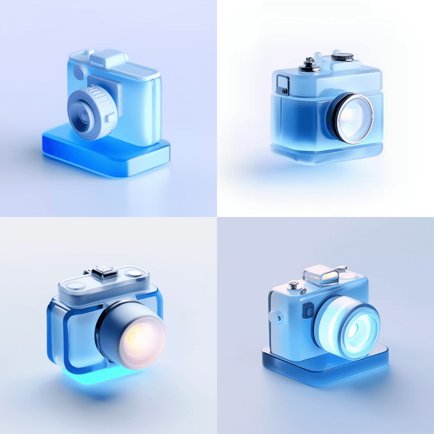 可爱的摄像头Ul图标，蓝色磨砂玻璃，白色 - Midjourney Prompt