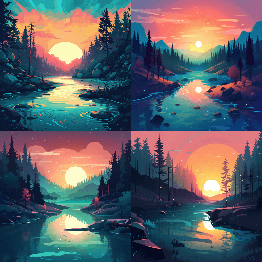 日出时的河流，松树和落日，在平面设计灵感 - Midjourney Prompt