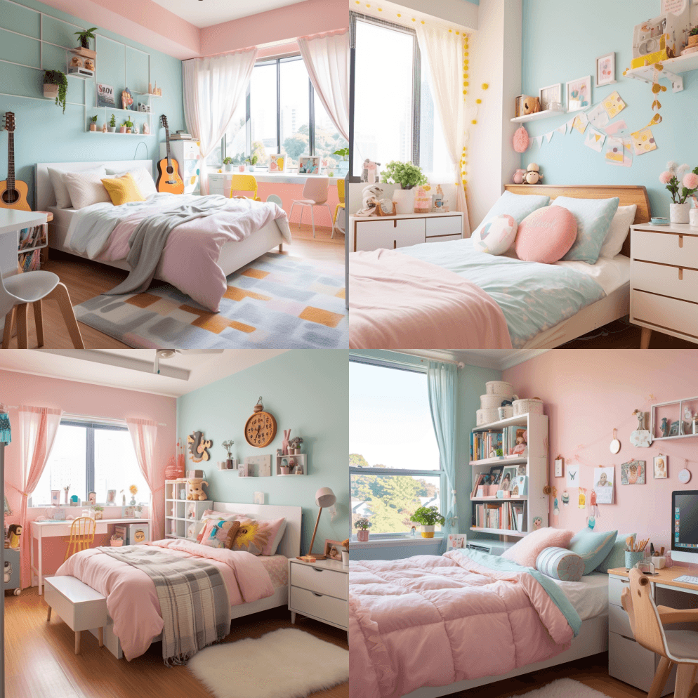 欢快的青少年卧室采用柔和的配色方案，融入 - Midjourney Prompt