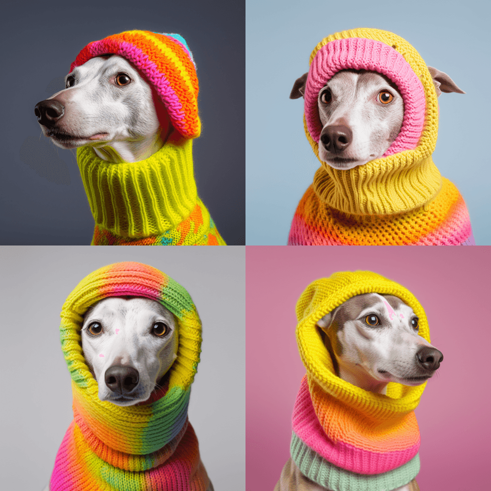 惠普穿针织衫，戴着狗围巾，彩虹霓虹色羊毛 - Midjourney Prompt