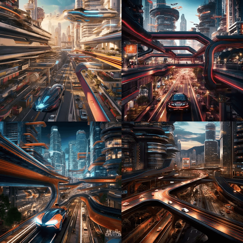 在超大城市的多级别赛道上进行未来主义的比 - Midjourney Prompt