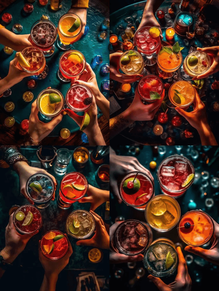 四只手拿着4杯鸡尾酒的俯视图，在吧台上方 - Midjourney Prompt