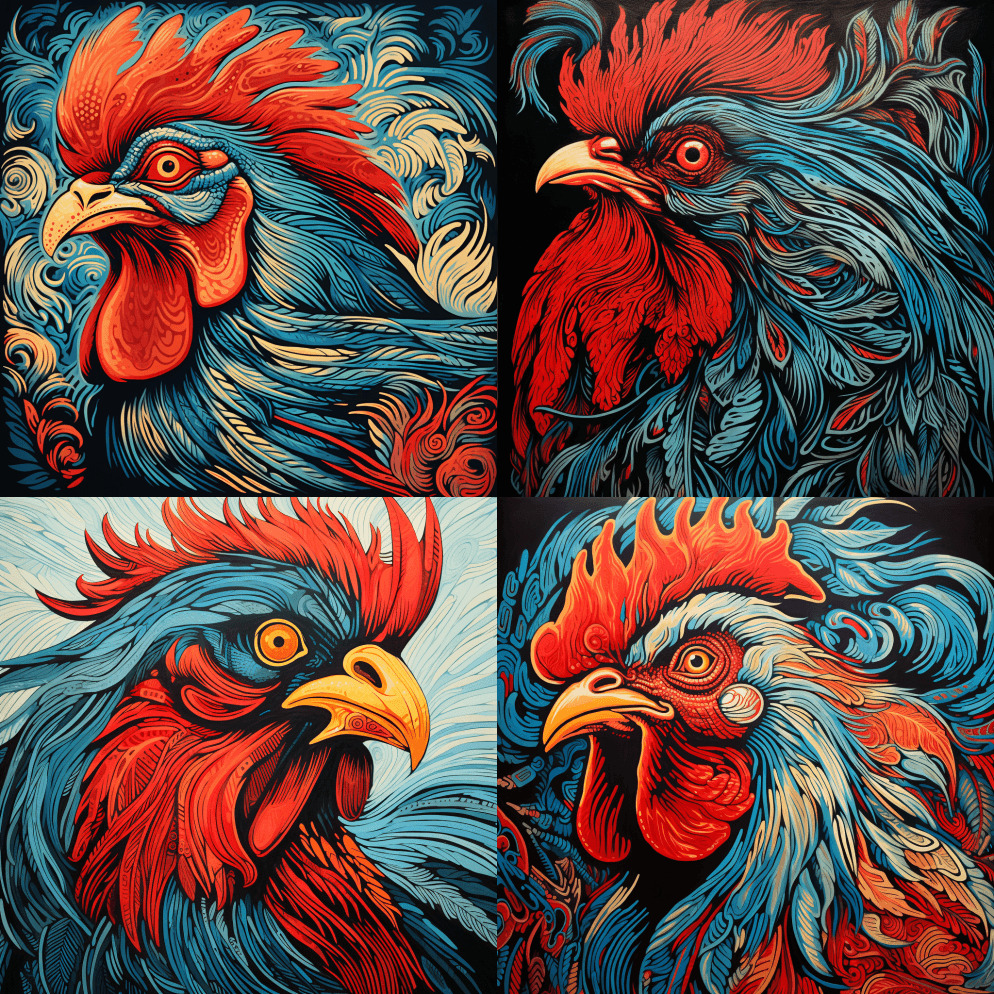 一只公鸡的彩色特写线条剪裁插图，非常详细 - Midjourney Prompt