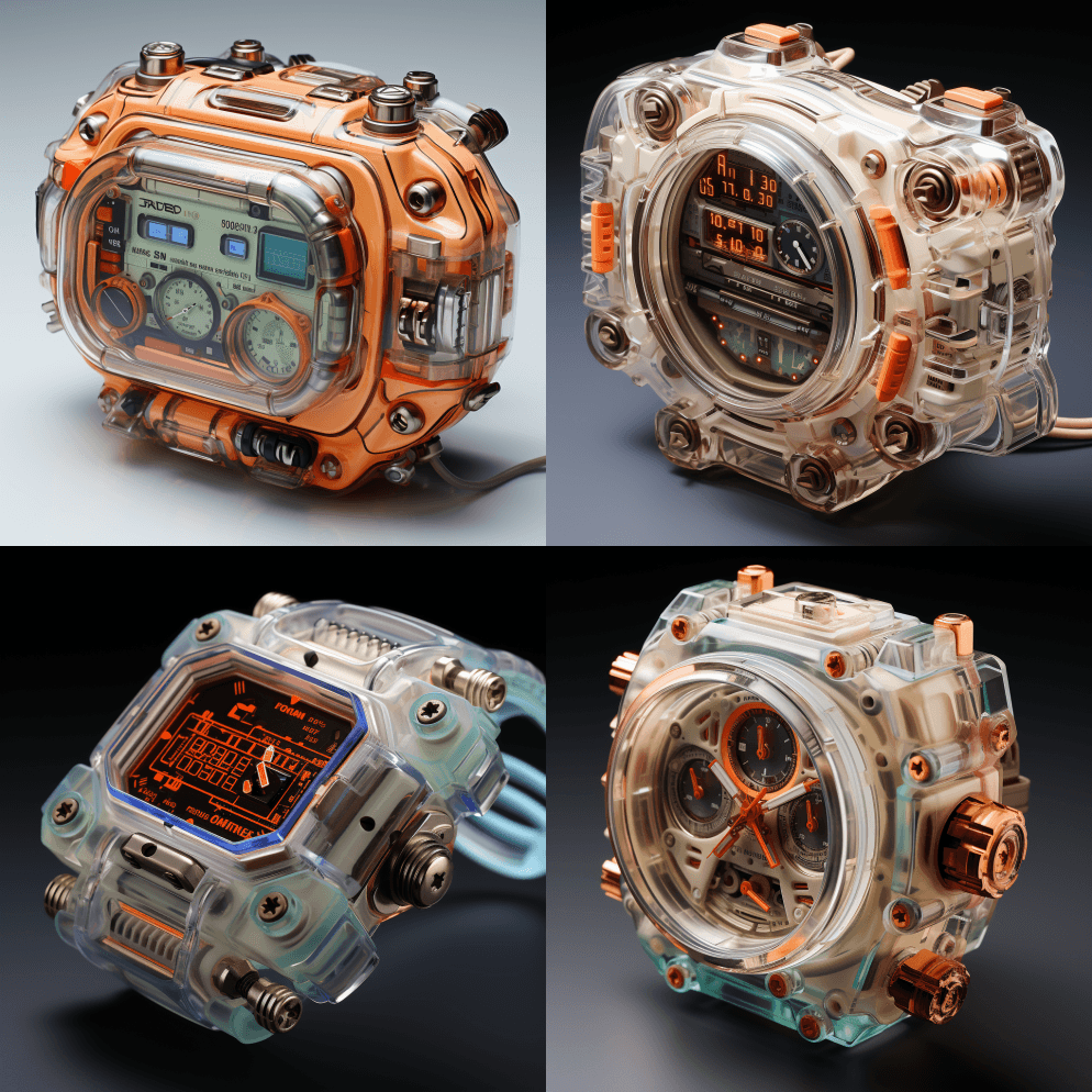 白色表面的塑料手表，风格让人想起复古科幻 - Midjourney Prompt