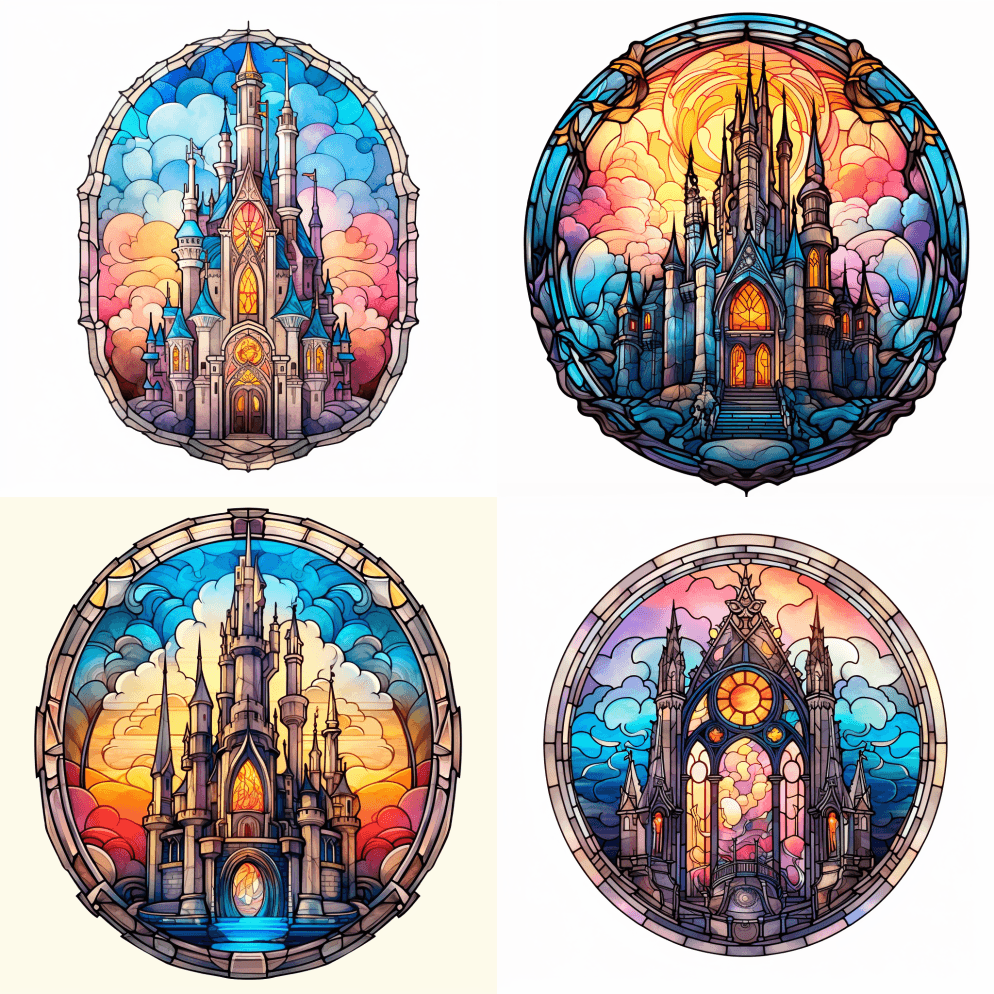 美丽的复古彩色彩色玻璃城堡窗户升华剪贴画 - Midjourney Prompt