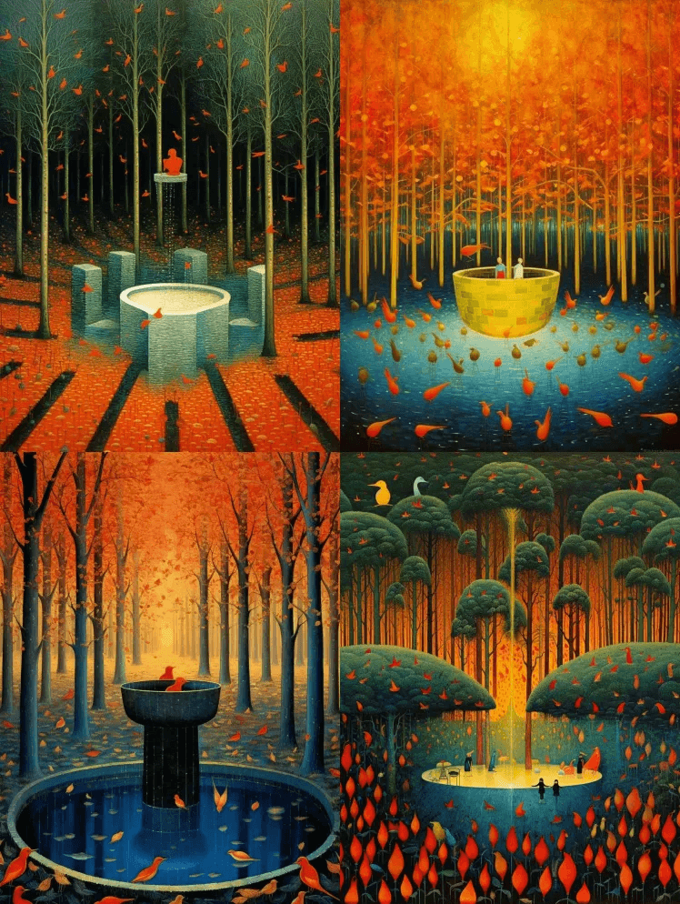 森林深处是一座精致的玻璃喷泉，里面满是红 - Midjourney Prompt
