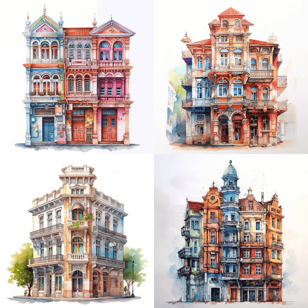 最可爱的著名彩色建筑，水彩画，高细节，白 - Midjourney Prompt
