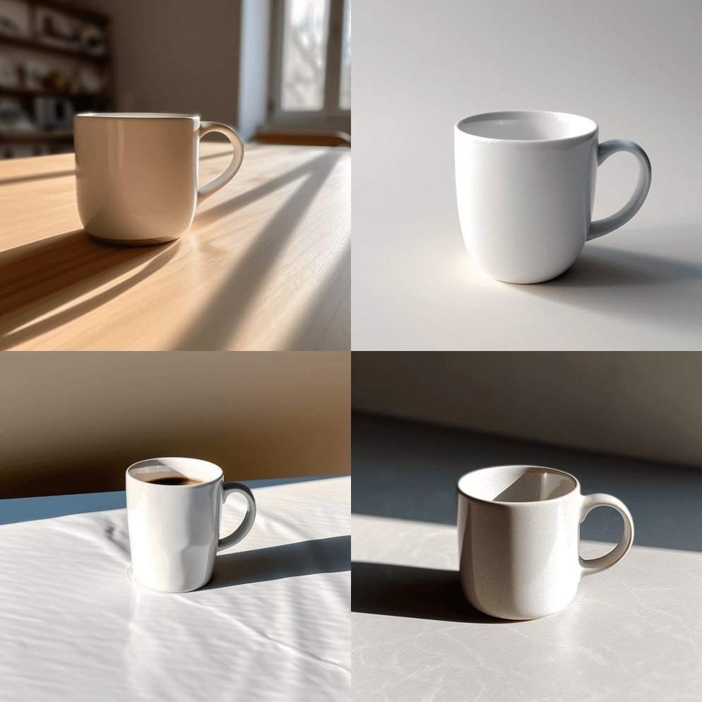 桌子上的咖啡杯照片，白色，白色背景 - Midjourney Prompt